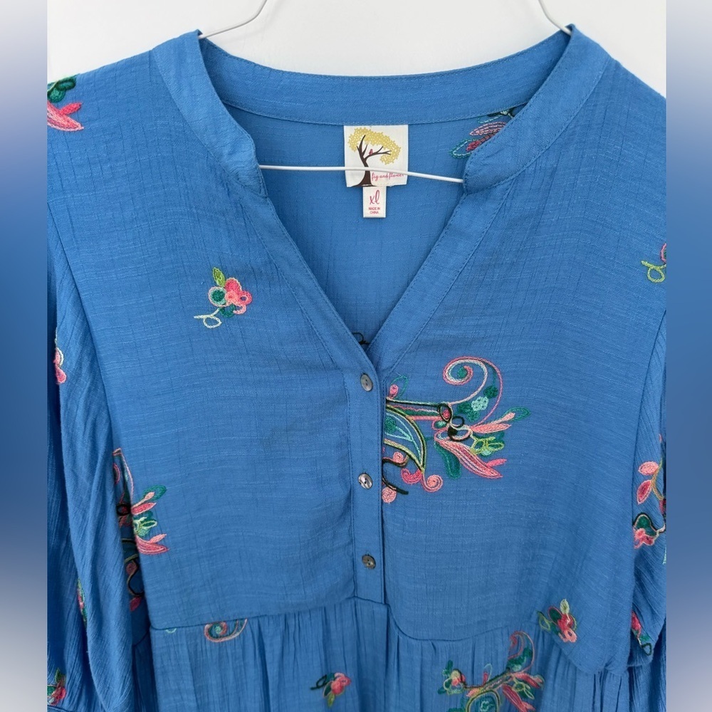 Anthropologie Fig And Flower Dress Womens XL Blue Tiered Embroidered Maxi - Picture 2 of 7